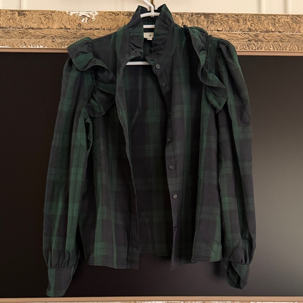 Tuckernuck Green and Black Plaid Ruffle Button-Down Shirt